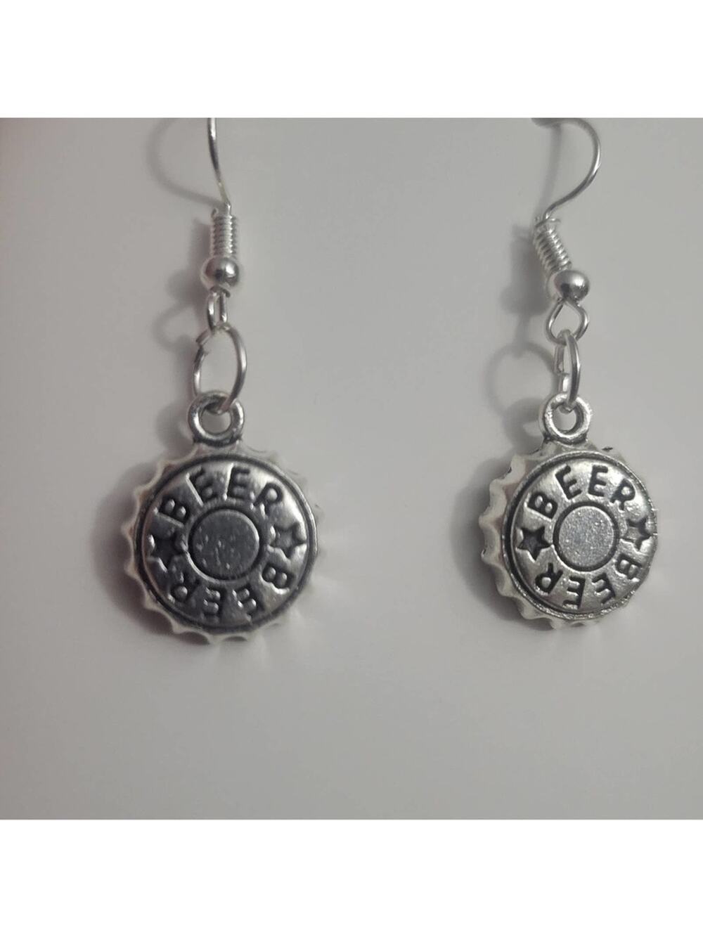 Beer Cap earrings, silver tone with hypoallergenic hooks